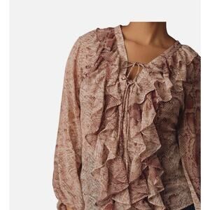 Anthropologie Women's Blouse XS Brown Ruffle Snakeskin Print